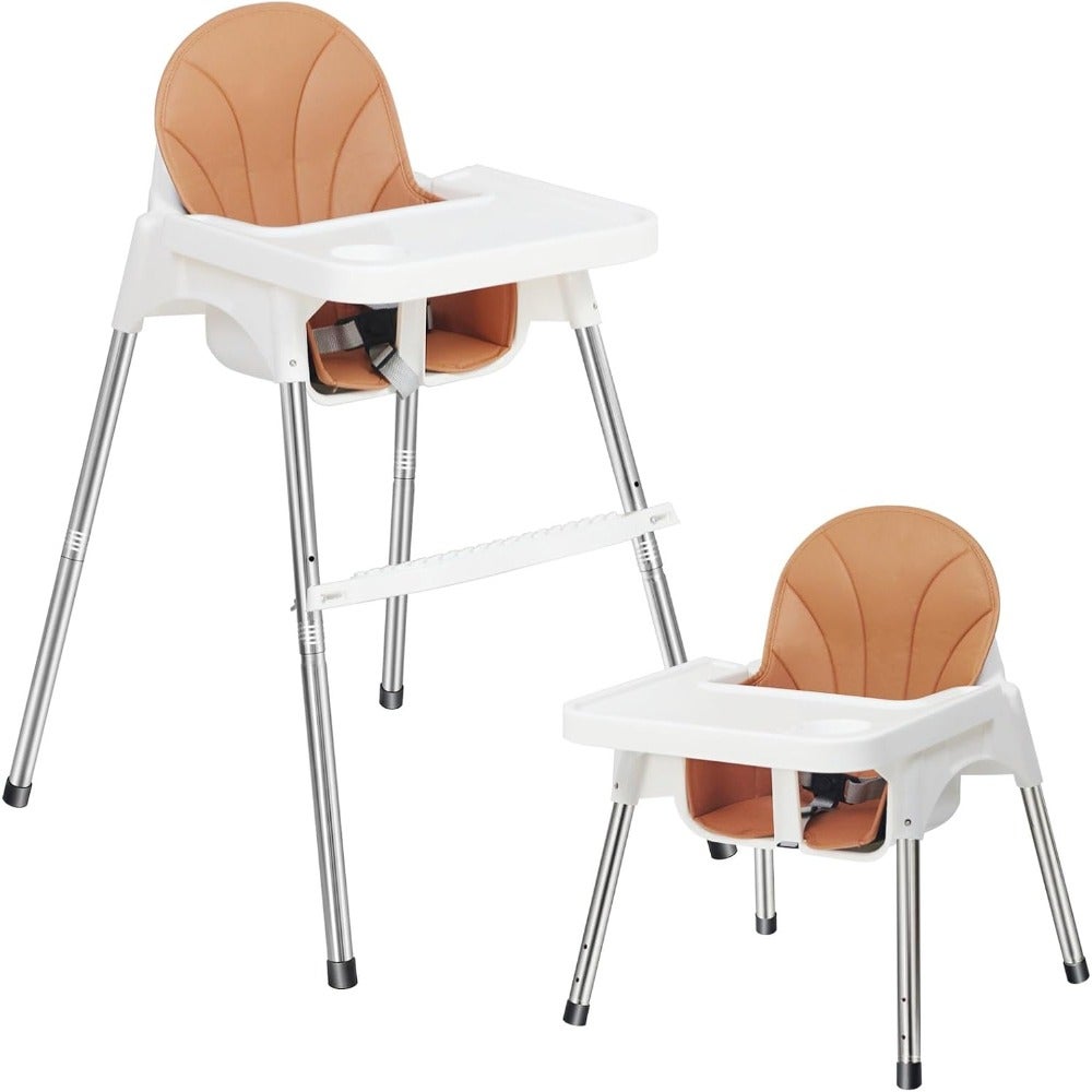 Baby high chair for home use, polypropylene and metal, white, 2-in-1 with removable tray, adjustable height and footrest, 3-point safety belt, fits ages 6 months to 3 years