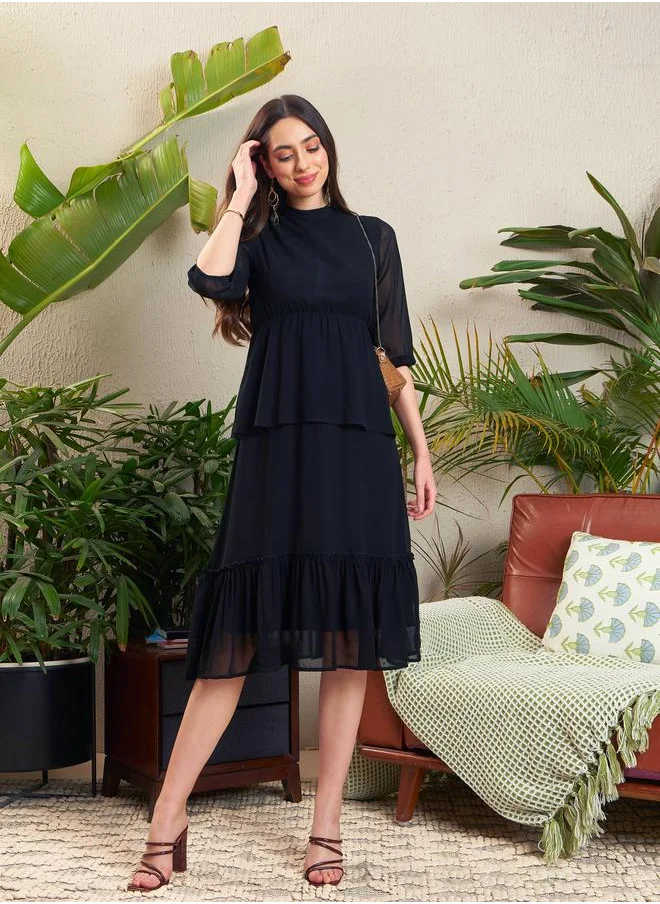 SASSAFRAS Solid High Neck Layered Midi Dress by Styli