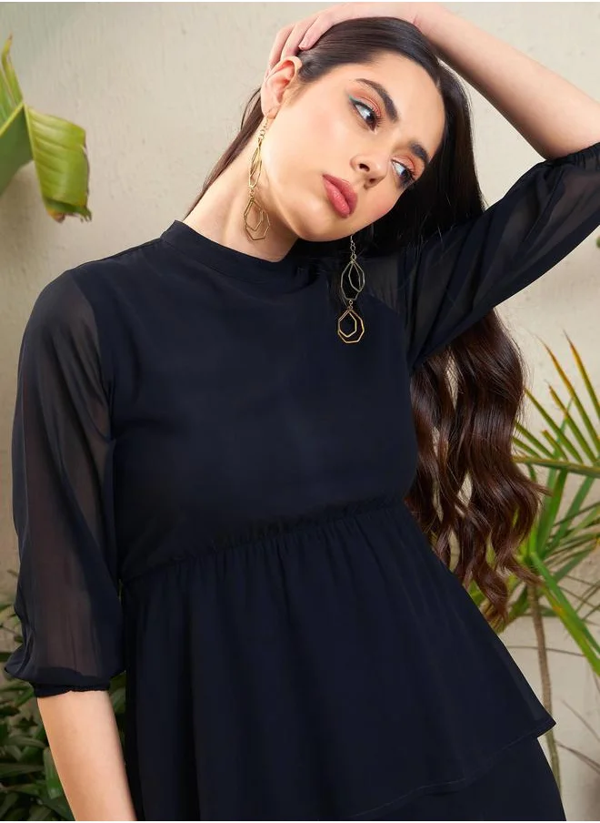 SASSAFRAS Solid High Neck Layered Midi Dress by Styli