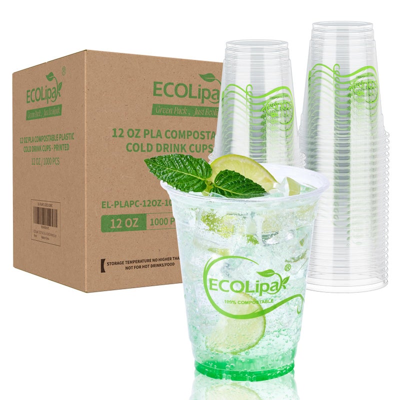 أكواب بلاستيكية قابلة للتحلل 12 أونصة من ECOLipak عدد 1000 كوب شفاف قابل للتخلص منه مصنوع من مواد نباتية