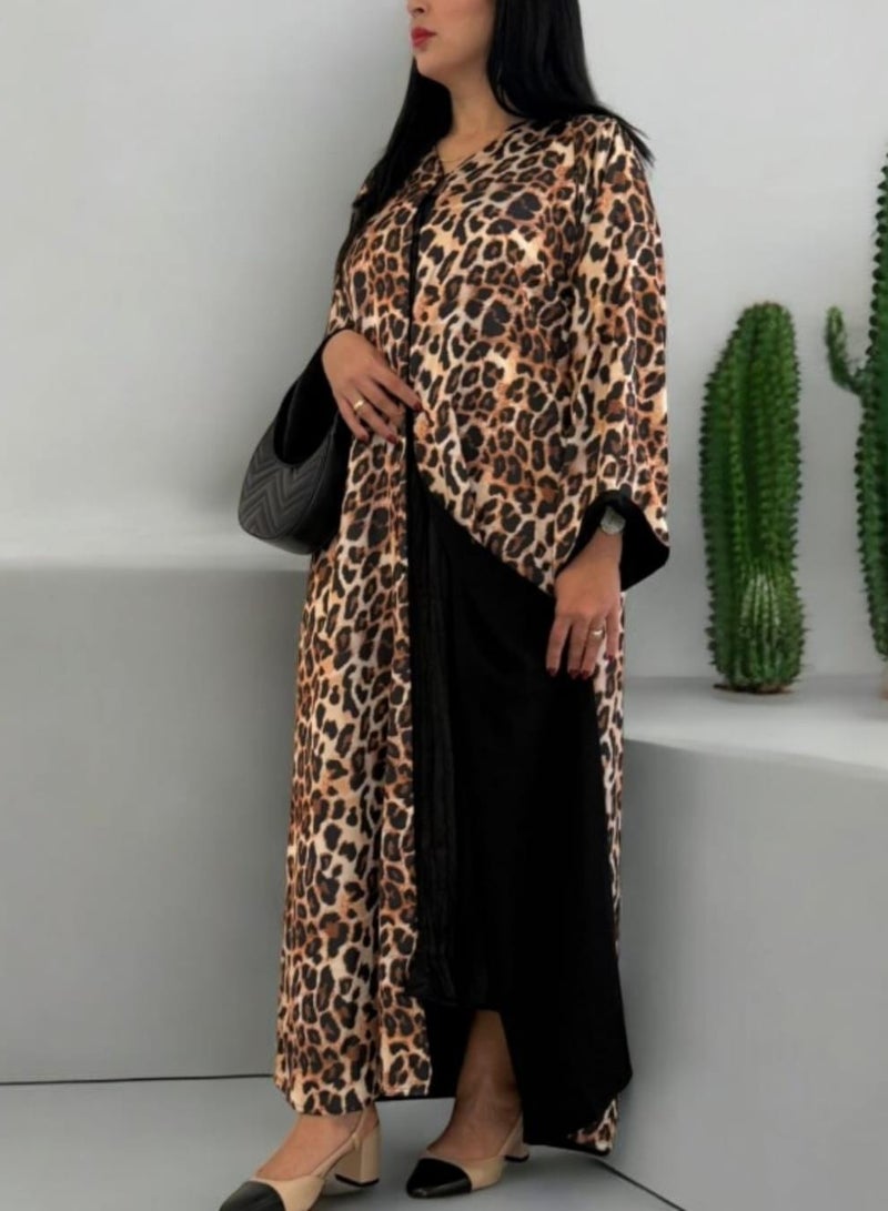 عباية قابلة للعكس – تصميم أنيق بلون أسود مع نقشة الفهد - Image 1