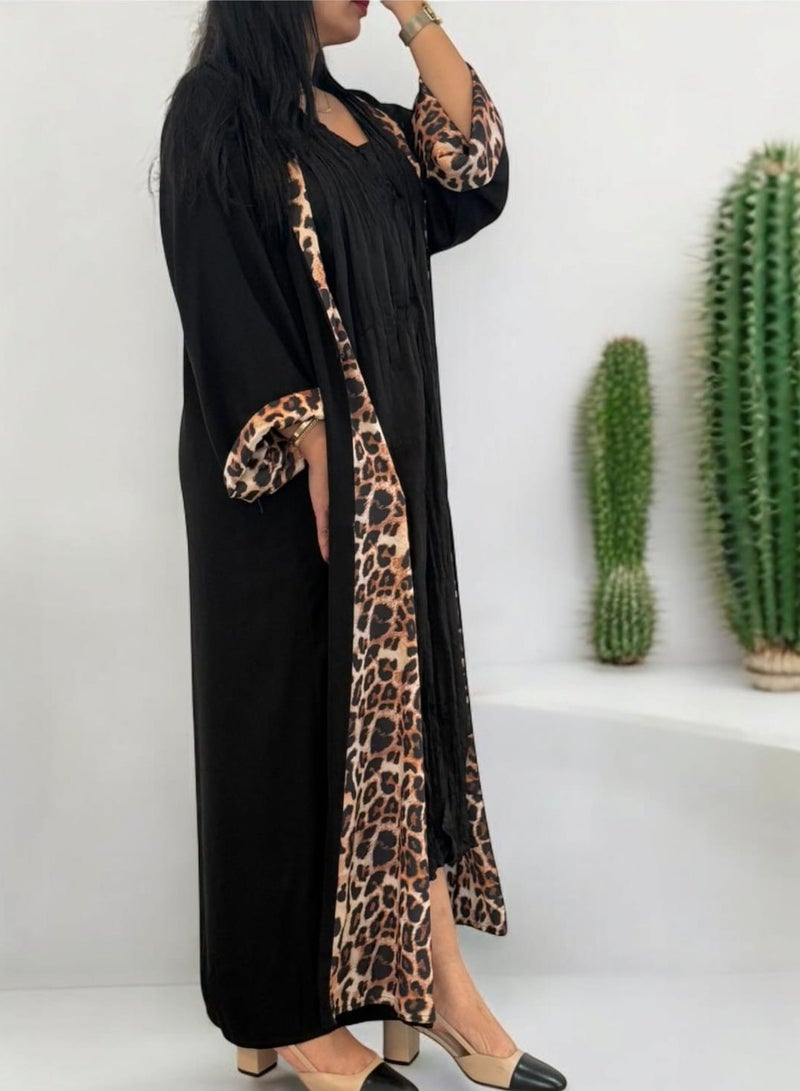 عباية قابلة للعكس – تصميم أنيق بلون أسود مع نقشة الفهد - Image 4