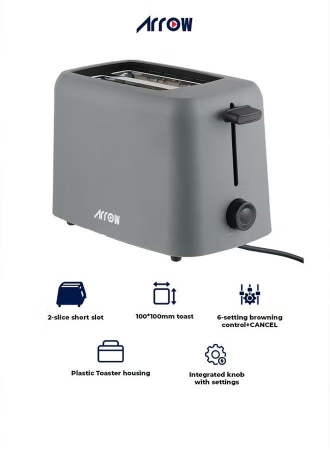 Arrow Plastic Toaster - Two Slices with 6 Roasting Levels - 650W - Black & Dark Grey - Short Slot - Removable Crumb Tray - Cord Storage - RO-02TD - Image 3