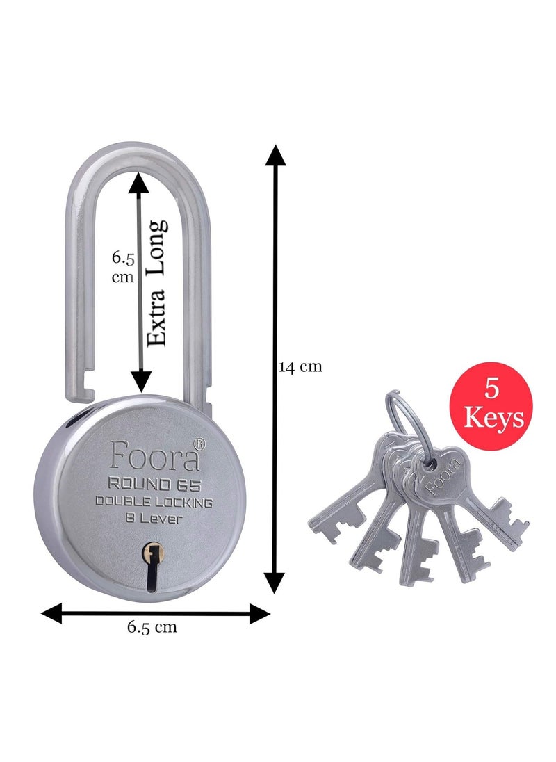 Foora - Foora Pack of 4 Long Lock and Keys Door Lock for Home Round 65mm Long Neck Shackle Padlock with 5 Keys Each for Shop gate Shutter Silver Finish Round 65 Long Lock Pack of 4 - Image 1