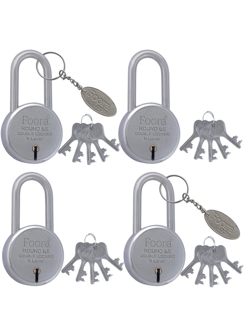 Foora - Foora Pack of 4 Long Lock and Keys Door Lock for Home Round 65mm Long Neck Shackle Padlock with 5 Keys Each for Shop gate Shutter Silver Finish Round 65 Long Lock Pack of 4 - Image 1