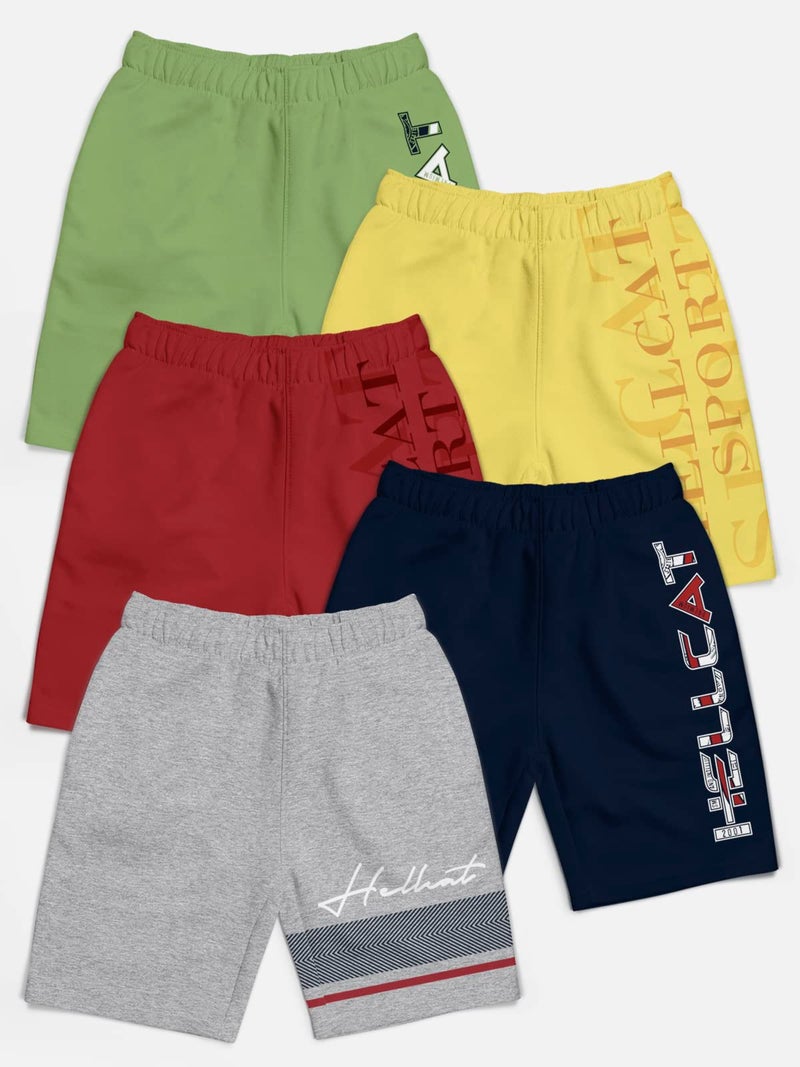HELLCAT Pack of 5 Trendy Typographic Printed Mid Rise Shorts for Boys - Grey Melange/Navy Blue/Maroon/Yellow/Jade Green / 3-4 Years - Image 2