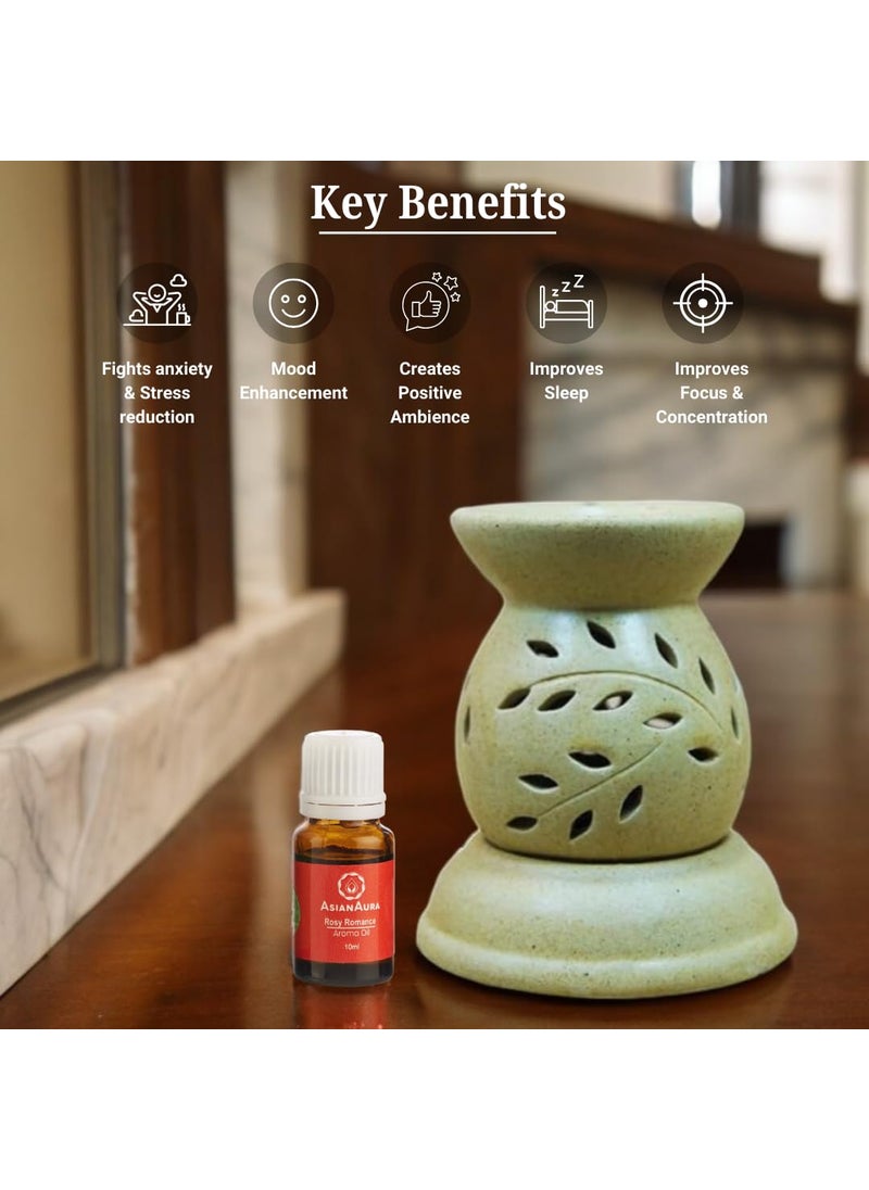 ASIAN AURA Asian Aura Handcrafted Premium Ceramic Electric Round Shaped Aroma Diffuser Oil Burner Fragrance with Aroma Oils in 2 fragrances English Lavender Rosy Romance 10ml Each Brown Diffuser  - Image 4