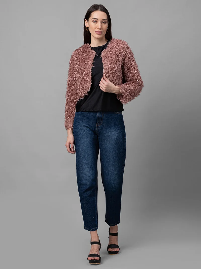 جلو باص جاكيت قصير نسائي وردي بتصميم ذاتي بفتحة أمامية