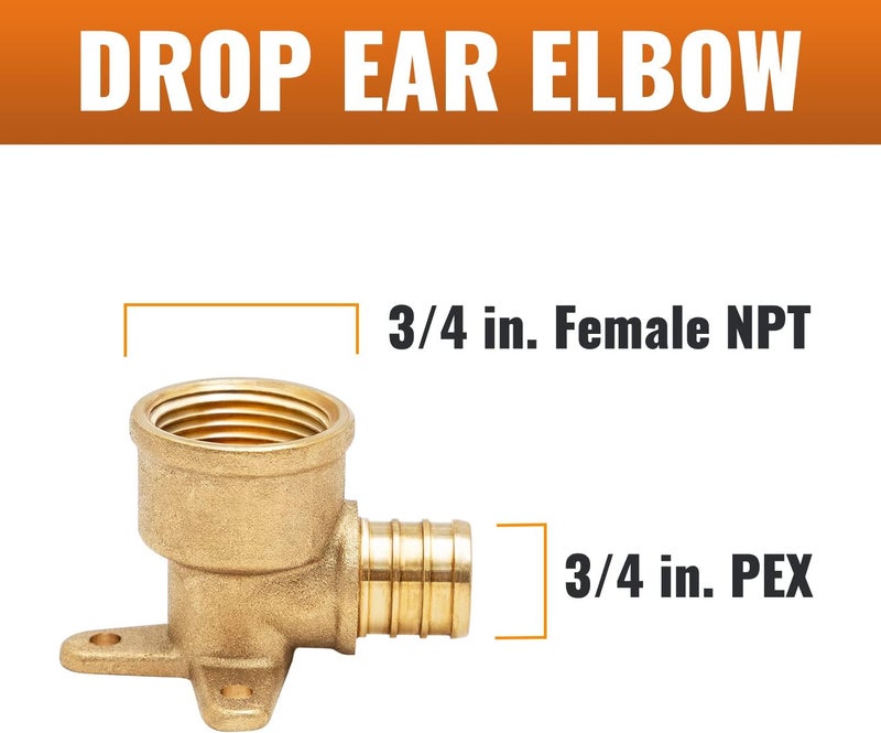 SUNGATOR 2-Pack 3/4" Pex Drop Ear Elbow, No Lead Brass, 3/4 Inch Pex Fittings - Image 2