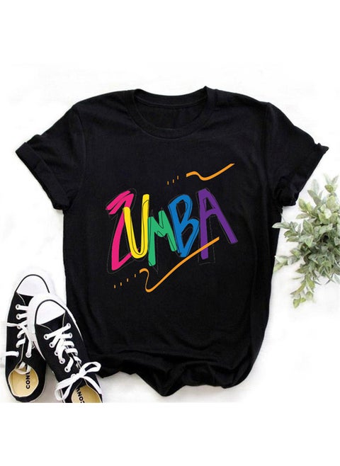 Zumba Floral Print Short Sleeve T-Shirt Womens Top Fashionable Casual Style round Neck Fit Type Polyester Fiber Modal Fabric 24-Black