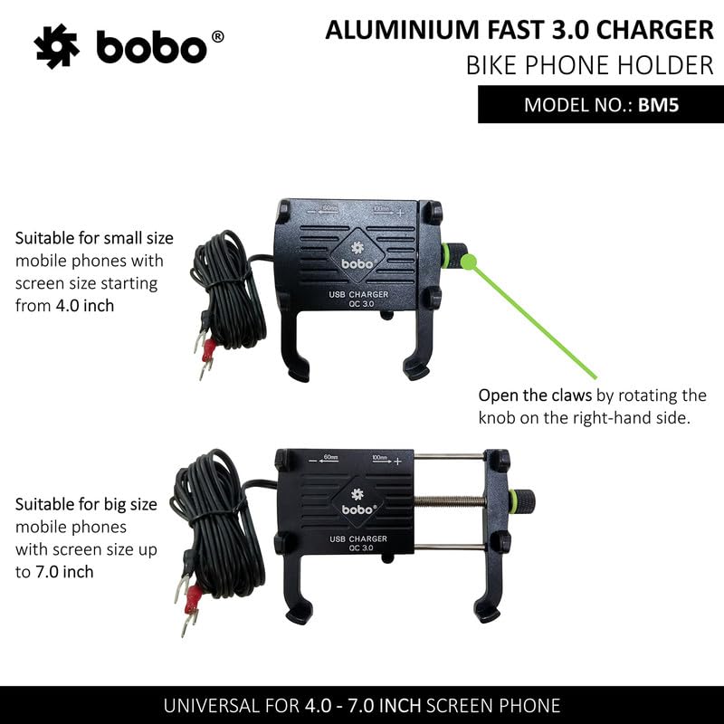BOBO BM5 Aluminium Waterproof Bike/Motorcycle/Scooter Mobile Phone Holder Mount with Fast USB 3.0 Charger, Ideal for Maps and GPS Navigation (Black) - Image 3