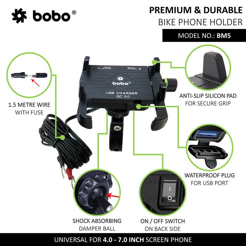 BOBO BM5 Aluminium Waterproof Bike/Motorcycle/Scooter Mobile Phone Holder Mount with Fast USB 3.0 Charger, Ideal for Maps and GPS Navigation (Black) - Image 2