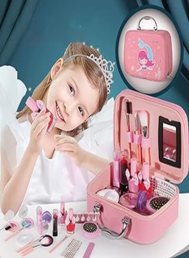 LEDIN Kids Children's Makeup Set,Girls Makeup Kit for Girls Princess Make Up Box Nontoxic Cosmetics Kit Toys Pretend Play Makeup Beauty Toys Gift Birthday Gift (Style D)