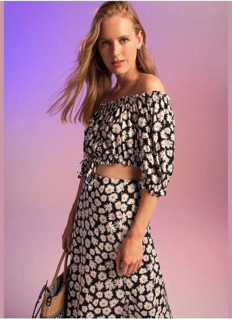 DeFacto Half Balloon Sleeves Floral Print Crop Top