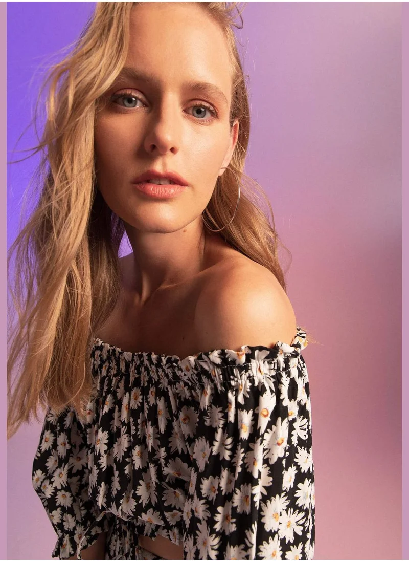 DeFacto Half Balloon Sleeves Floral Print Crop Top