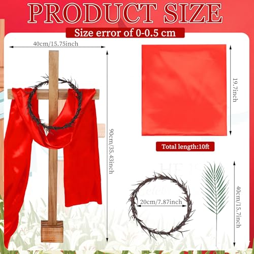 Junkin 53 Pcs Christian Advent Church Decor Set 35 Standing Wooden Cross with Red Satin Cloth Crown of Thorns 50 Palm Leaves for Church Altar Advent Devotional Displays - Image 3