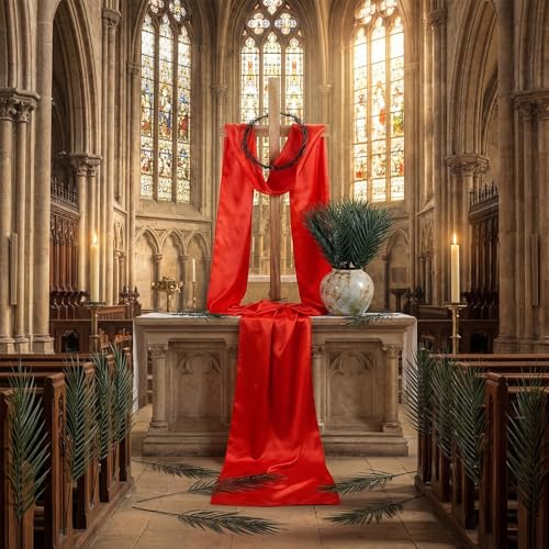 Junkin 53 Pcs Christian Advent Church Decor Set 35 Standing Wooden Cross with Red Satin Cloth Crown of Thorns 50 Palm Leaves for Church Altar Advent Devotional Displays - Image 1
