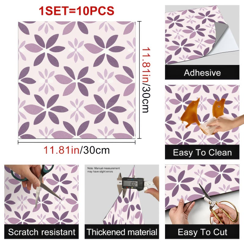 HOMETITUTE 10PCS 12x12 Inch Purple Floral Petal Pattern Floor Tiles Peel and Stick Removable Self Adhesive DIY Vinyl Flooring Stickers for Kitchen Bathroom Living Room Entryway Home Decor - Image 3