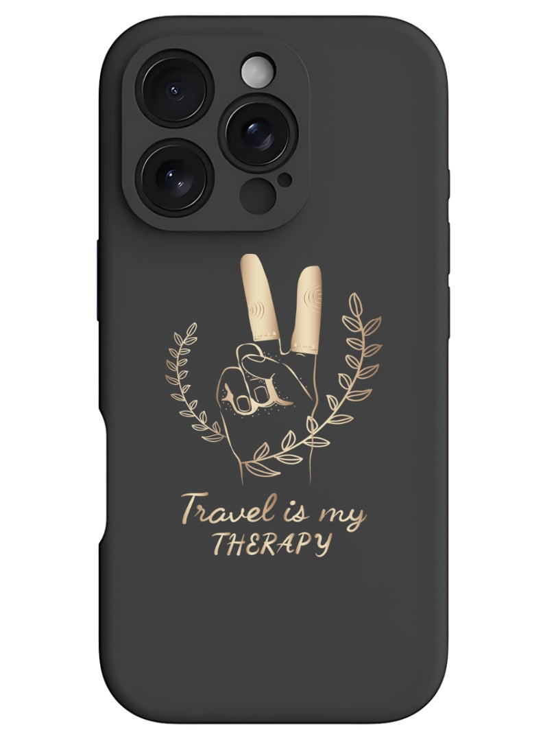 Theodor iPhone 16 Pro Black Protective Slim Fit Case Liquid Silicone Cover with Full Body Protection Anti-Scratch Shockproof Case For iPhone - Travel is my Therapy - Image 1