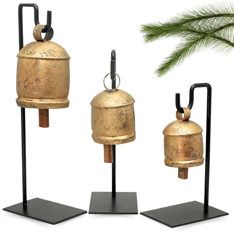 Carfar Shabby Chic Set of 3 Harmony Bells on Metal Stand Handmade Metal Christmas Decoration Cow Bells 13107 Country Rustic - Image 2