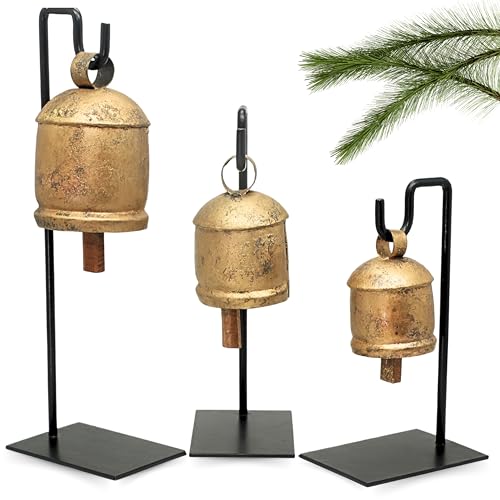 Carfar Shabby Chic Set of 3 Harmony Bells on Metal Stand Handmade Metal Christmas Decoration Cow Bells 13107 Country Rustic - Image 1