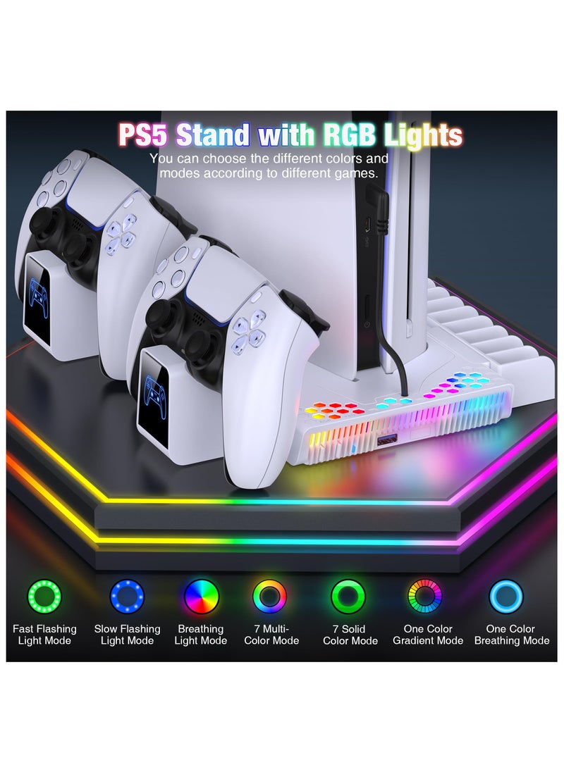 XiuWoo - PS5 Slim Stand and Cooling Station with Controller Charging Station for PlayStation 5 Disc/Digital PS5 Accessories Include Cooling Fan RGB Light Headset Holder 14 Game Slots for PS5 Console - Image 1