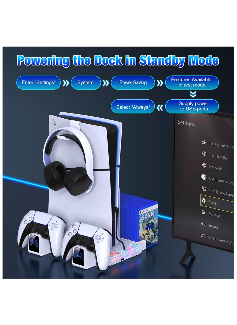XiuWoo - PS5 Slim Stand and Cooling Station with Controller Charging Station for PlayStation 5 Disc/Digital PS5 Accessories Include Cooling Fan RGB Light Headset Holder 14 Game Slots for PS5 Console - Image 1