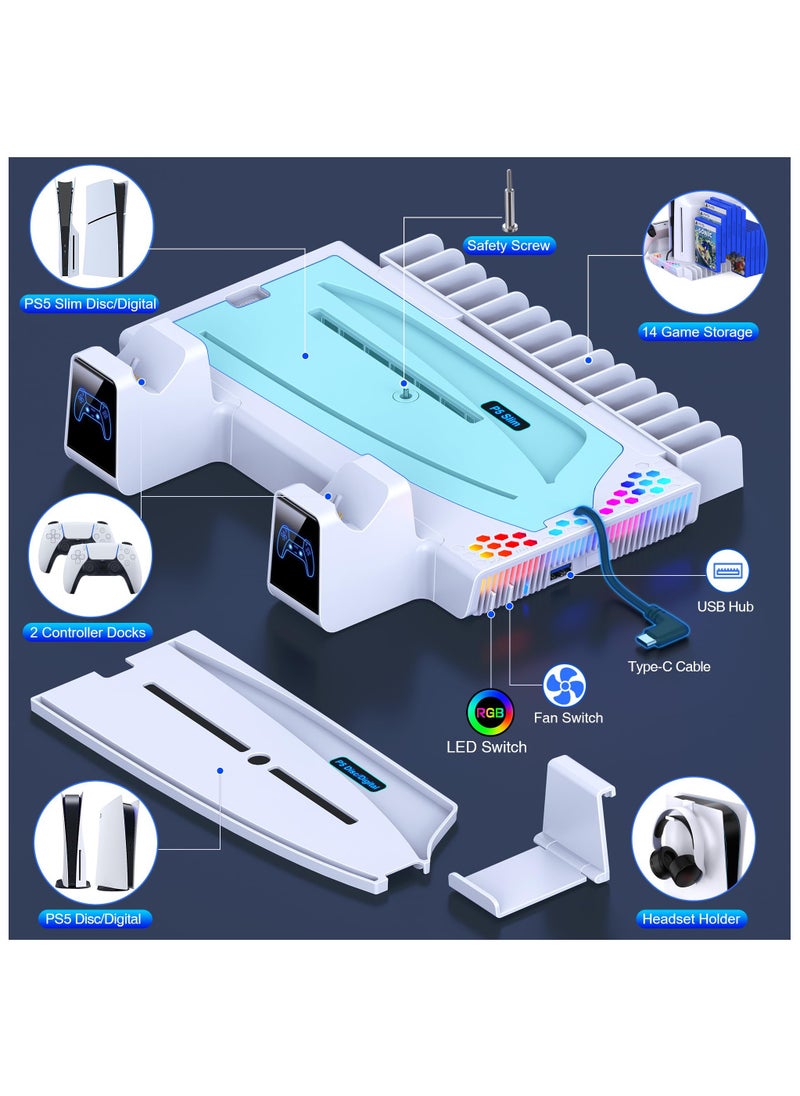XiuWoo - PS5 Slim Stand and Cooling Station with Controller Charging Station for PlayStation 5 Disc/Digital PS5 Accessories Include Cooling Fan RGB Light Headset Holder 14 Game Slots for PS5 Console - Image 1