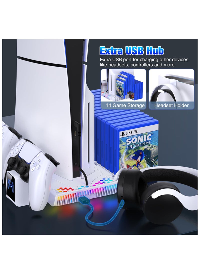 XiuWoo - PS5 Slim Stand and Cooling Station with Controller Charging Station for PlayStation 5 Disc/Digital PS5 Accessories Include Cooling Fan RGB Light Headset Holder 14 Game Slots for PS5 Console - Image 1