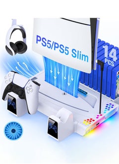XiuWoo PS5 Slim Stand and Cooling Station with Controller Charging Station for PlayStation 5 Disc/Digital PS5 Accessories Include Cooling Fan RGB Light Headset Holder 14 Game Slots for PS5 Console  - Image 1