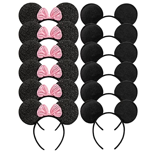 CHuangQi Mouse Ears Solid Black and Pink Sequins Bow, Set of 12 - Image 1