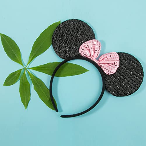 CHuangQi Mouse Ears Solid Black and Pink Sequins Bow, Set of 12 - Image 5