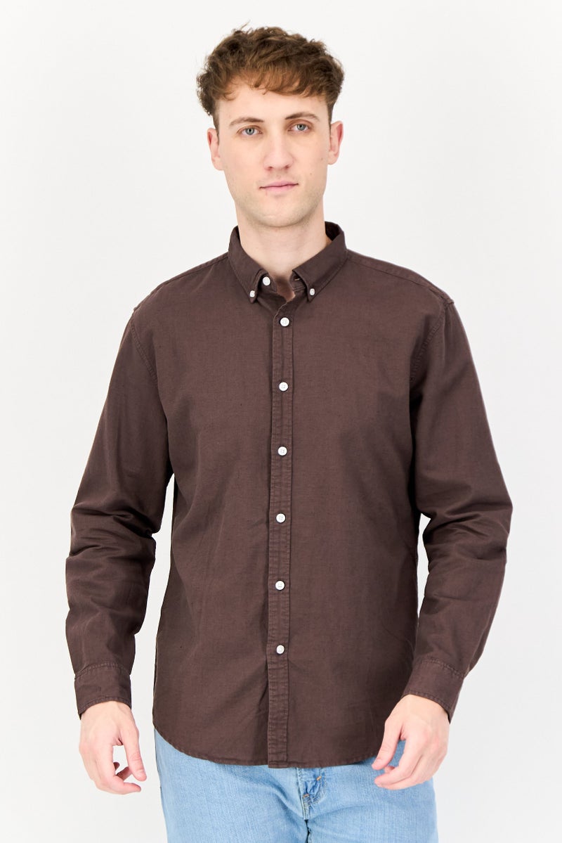 English Laundry Men Regular Fit Chambray Long Sleeves Casual Shirt, Dark Brown  - Image 1