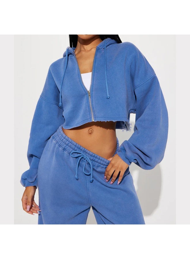 NIBEMINENT Loose Elegant 2 Piece Set Women Solid Long Sleeve Crop Coat Lace Up High Waist Straight Pants Trendy Sports Lady Suit - Image 1