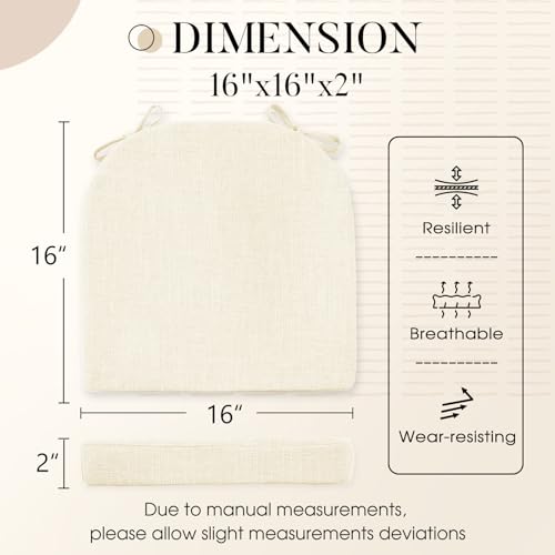 Basic Beyond Chair Cushions for Dining Chairs 4 Pack, Kitchen Chair Cushions with Ties and Non Slip Backing, 16 x 16 inches Chair Pads for Dining Chairs (Beige) - Image 2