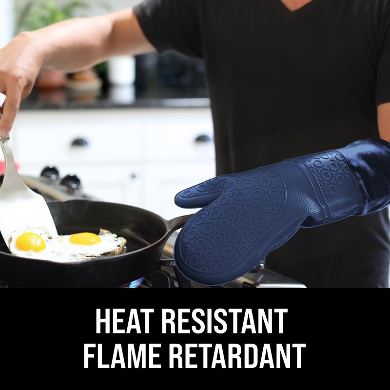HOMWE BPA-Free Soft Silicone Oven Mitts - Ultra Heat Resistant Oven Mitts with Thick Cotton Liner - Extra Long Slip Resistant Pot Holders  Flexible Oven Gloves - Navy 14.7"" - Image 3