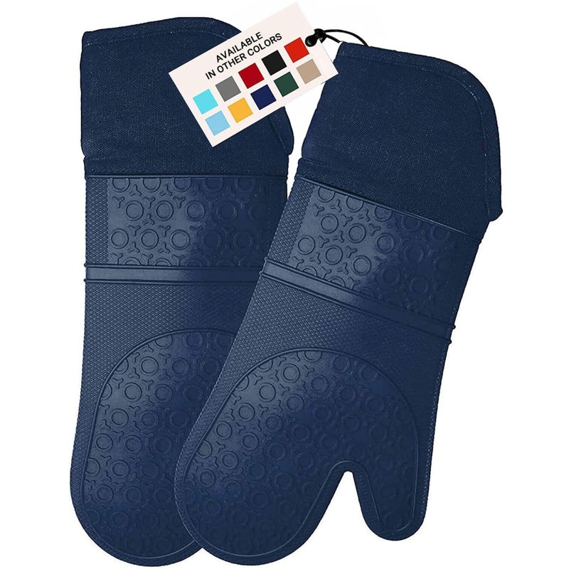 HOMWE BPA-Free Soft Silicone Oven Mitts - Ultra Heat Resistant Oven Mitts with Thick Cotton Liner - Extra Long Slip Resistant Pot Holders  Flexible Oven Gloves - Navy 14.7"" - Image 1