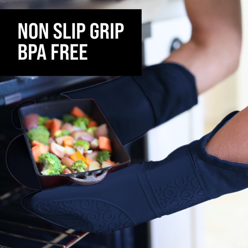 HOMWE BPA-Free Soft Silicone Oven Mitts - Ultra Heat Resistant Oven Mitts with Thick Cotton Liner - Extra Long Slip Resistant Pot Holders  Flexible Oven Gloves - Navy 14.7"" - Image 5