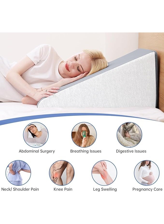 Bed Wedge Pillow for Sleeping - 12 Inch Triangle Orthopedic Wedge for Adults - Memory Foam with Washable Cover - 30 Degree Support for Acid Reflux, Snoring, Knee & Back Pain (White & Grey) - Image 3
