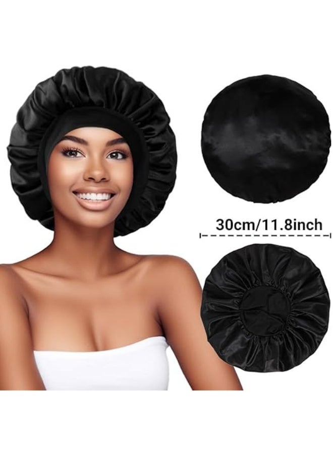 1Pcs Bonnet for Sleeping, Hair Bonnets, Soft Elastic Band Silk Sleep Cap, Shower Cap, Hair Wrap, Hair Bonnets for Sleeping Women, with Elastic Band, for All Hairstyles, Long, Short, Curly Hair, Black - Image 2