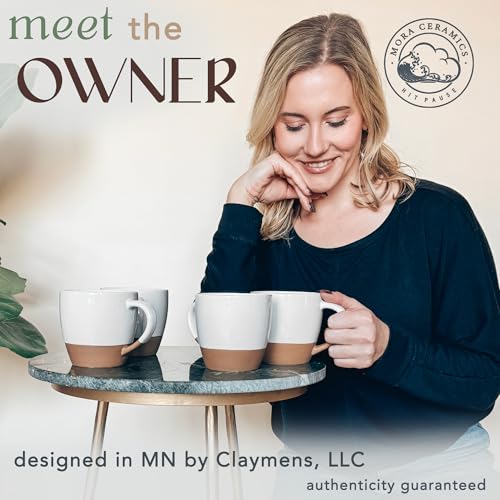 Mora Ceramic Large Latte Mug Set of 4, 16oz - Microwavable, Porcelain Coffee Cups With Big Handle - Modern, Boho, Unique Style For Any Kitchen. Microwave Safe Stoneware - Vanilla White - Image 3