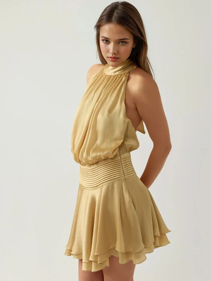 زوبعة فستان قصير بياقة مدورة مزخرف