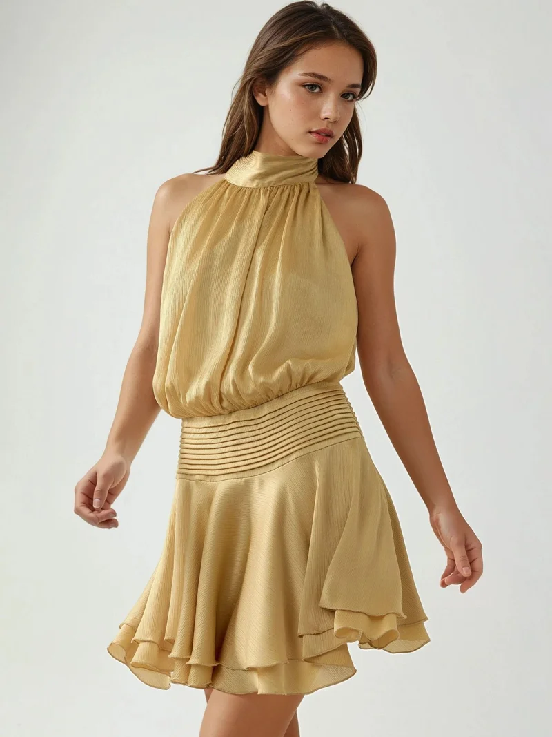 زوبعة فستان قصير بياقة مدورة مزخرف