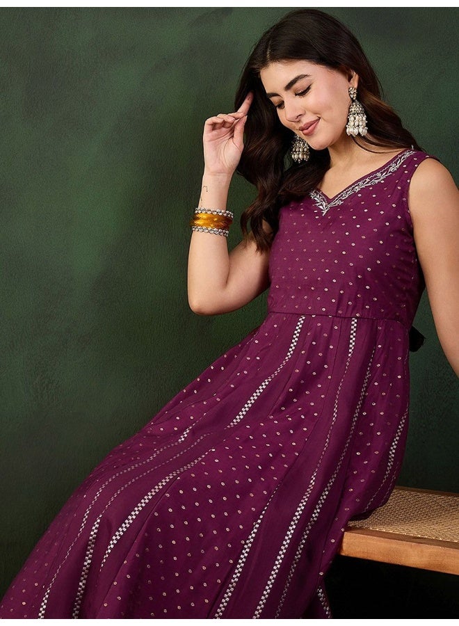 AKS Wine Color Chanderi Booti Anarkali Kurta  - Image 1