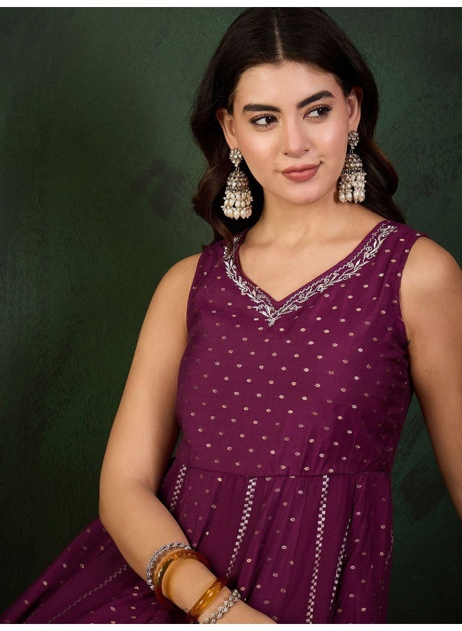 AKS Wine Color Chanderi Booti Anarkali Kurta  - Image 3