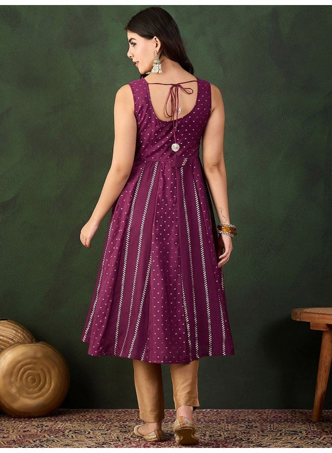AKS Wine Color Chanderi Booti Anarkali Kurta  - Image 4