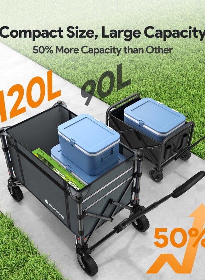 Raynesys Collapsible Wagon Cart with Wheels 220lbs Foldable Wagon 120L Shopping Cart for Groceries Folding Utility Wagon for Beach, Garden, Camping, Sport, Gray - Image 3