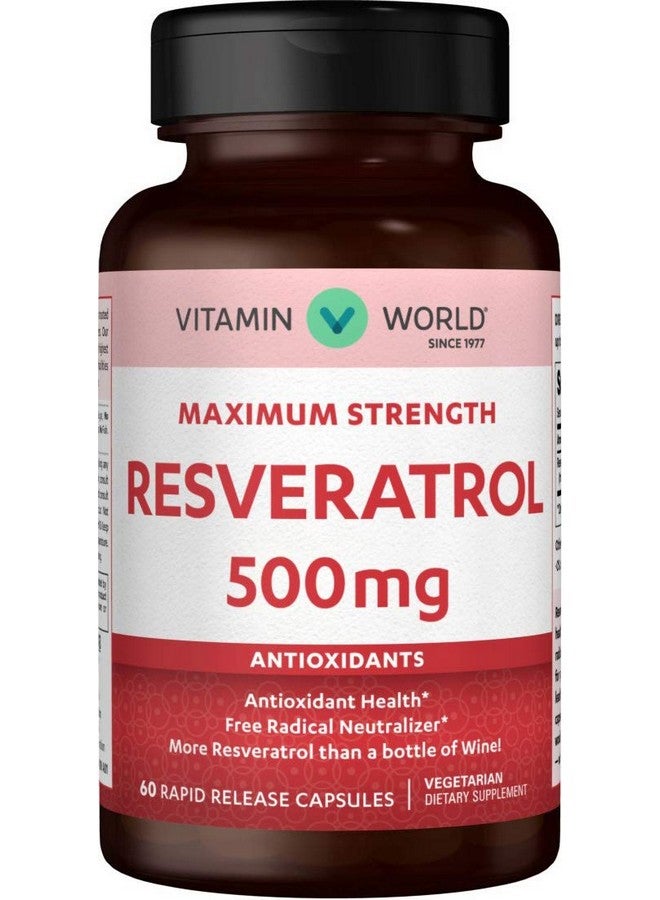 VITAMIN WORLD Resveratrol 500 Mg. 60 Capsules Maximum Strength Antioxidant Support Rapid Release Vegetarian Gluten Free - Image 2