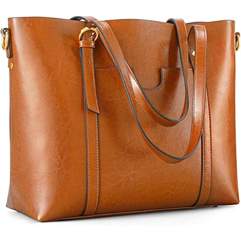 Kattee Genuine Leather Women Tote Bag Soft Handbags Vintage Shoulder Purses Fashion Top Handle Bag Large Capacity Brown