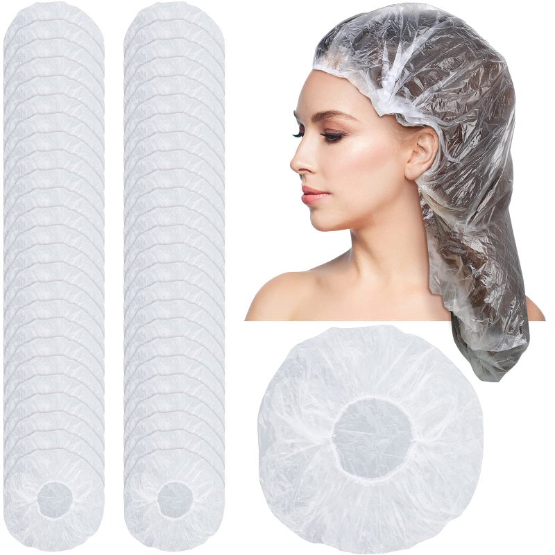 Satinior 50 Pieces Lengthen Disposable Shower Caps Waterproof Clear Elastic Bath Hair Caps for Women Big, Thick, Long Hair, Locs, Braids, for Portable Travel, Spa, Home Use, Hotel, Salon, Individually Wrapped